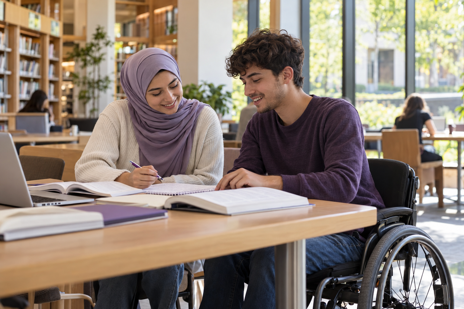 Two students sharing notes at an accessible table in a bright university library