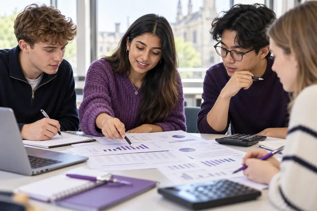 Accounting students reviewing financial statements, calculators and printed charts at a bright seminar desk