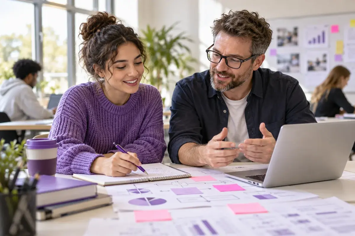 Adult learner building a business presentation with a tutor at a bright college desk, sticky notes and business diagrams