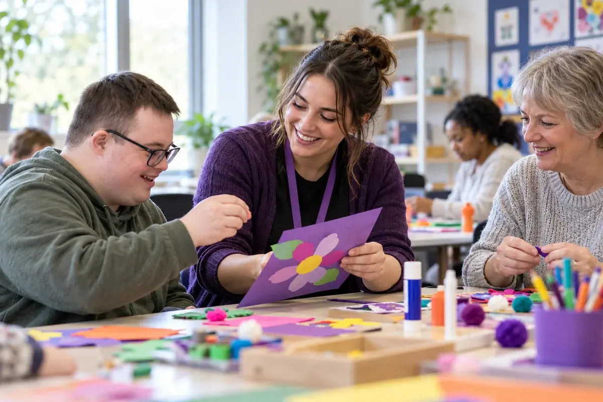Health and social care learner preparing accessible community activities with colourful craft materials in a college learning studio