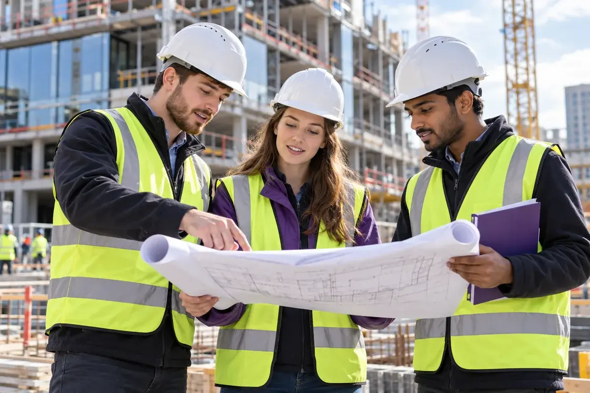 Construction management students in helmets and high visibility vests reviewing rolled architectural drawings at a modern building site