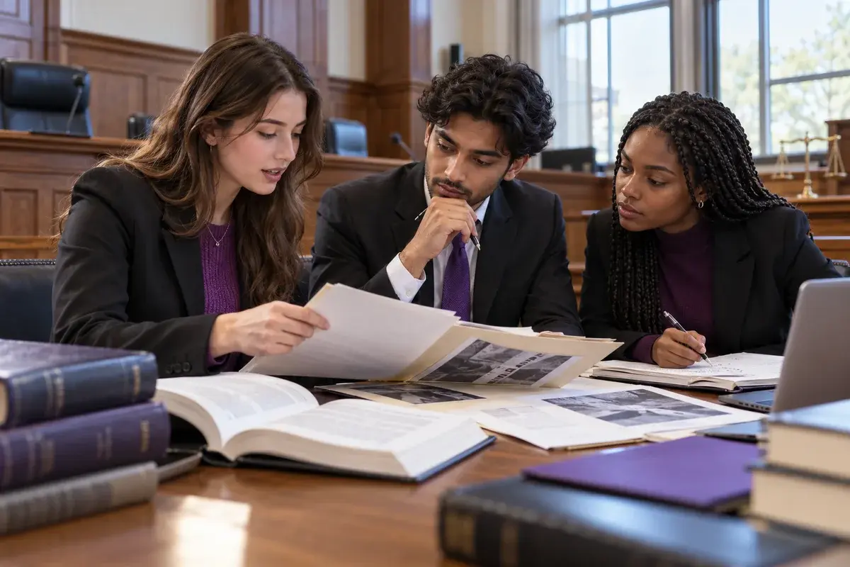Criminal law students analysing a case file with law books and evidence notes in a university moot courtroom, no prison imagery