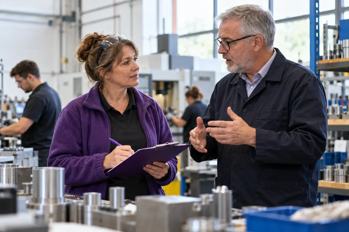 Mature learner discussing workplace operations with an experienced manager on a small manufacturing floor, respectful professional setting