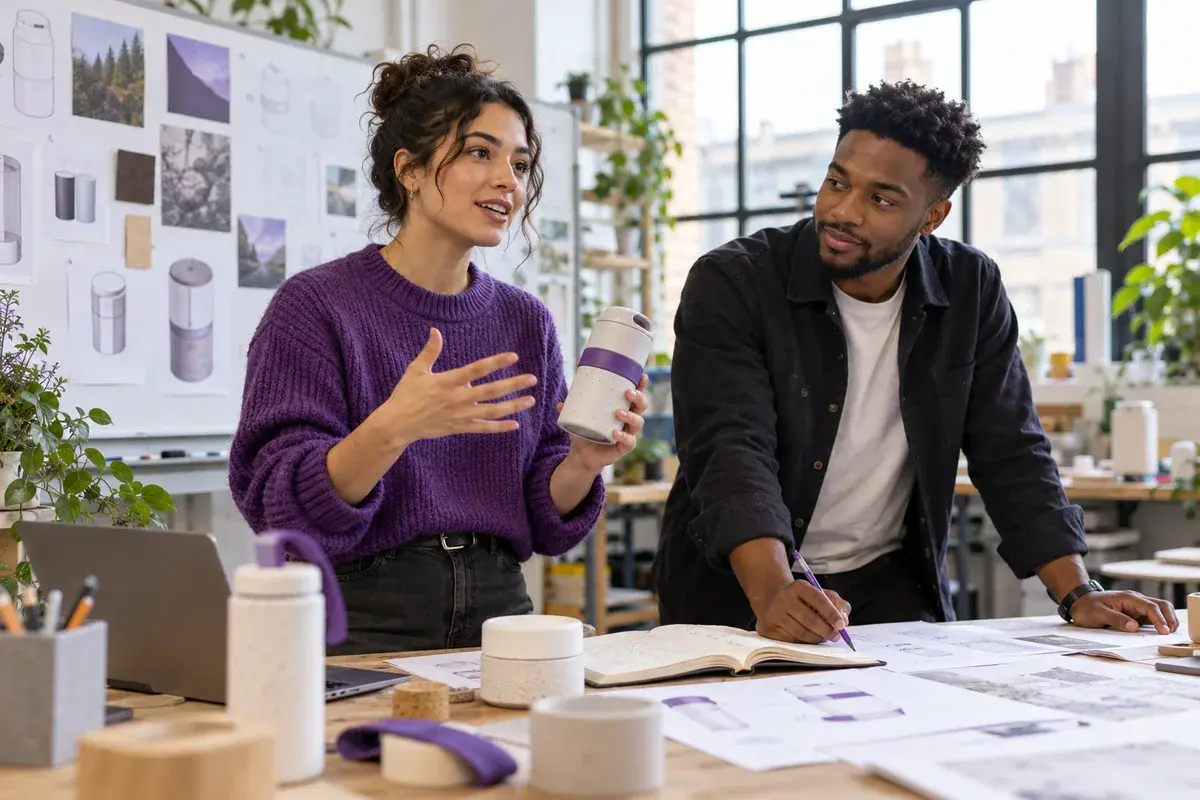 Two adult student entrepreneurs presenting a product prototype and business plan in a creative startup studio