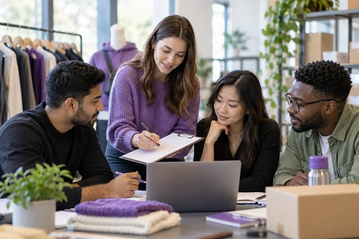Adult business students collaborating on a retail operations case study with an inventory clipboard and laptop in a learning workshop