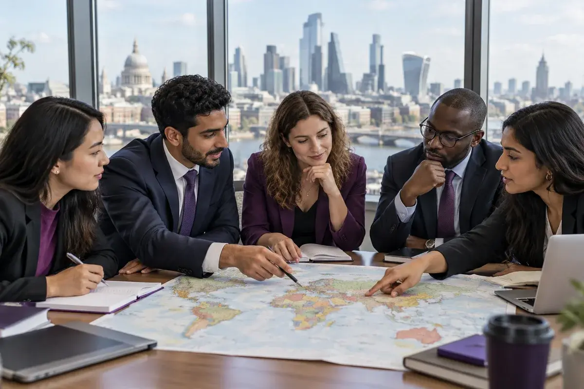 Diverse international business team discussing a physical world map at a boardroom table, city skyline beyond