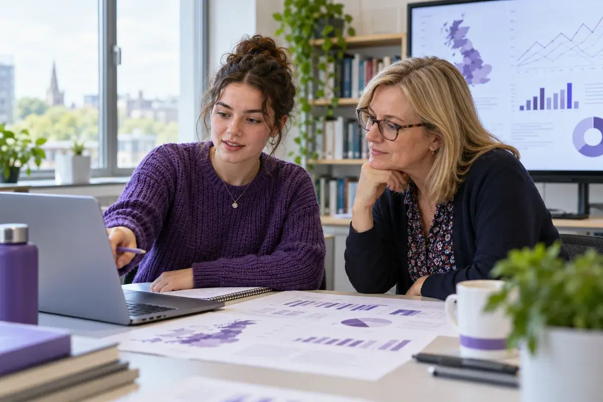 Final year health and social care researcher reviewing anonymised public health data visualisations with a dissertation adviser in a university research room