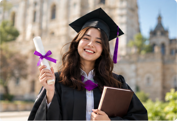 A smiling graduate holding her diploma and a book outside a university